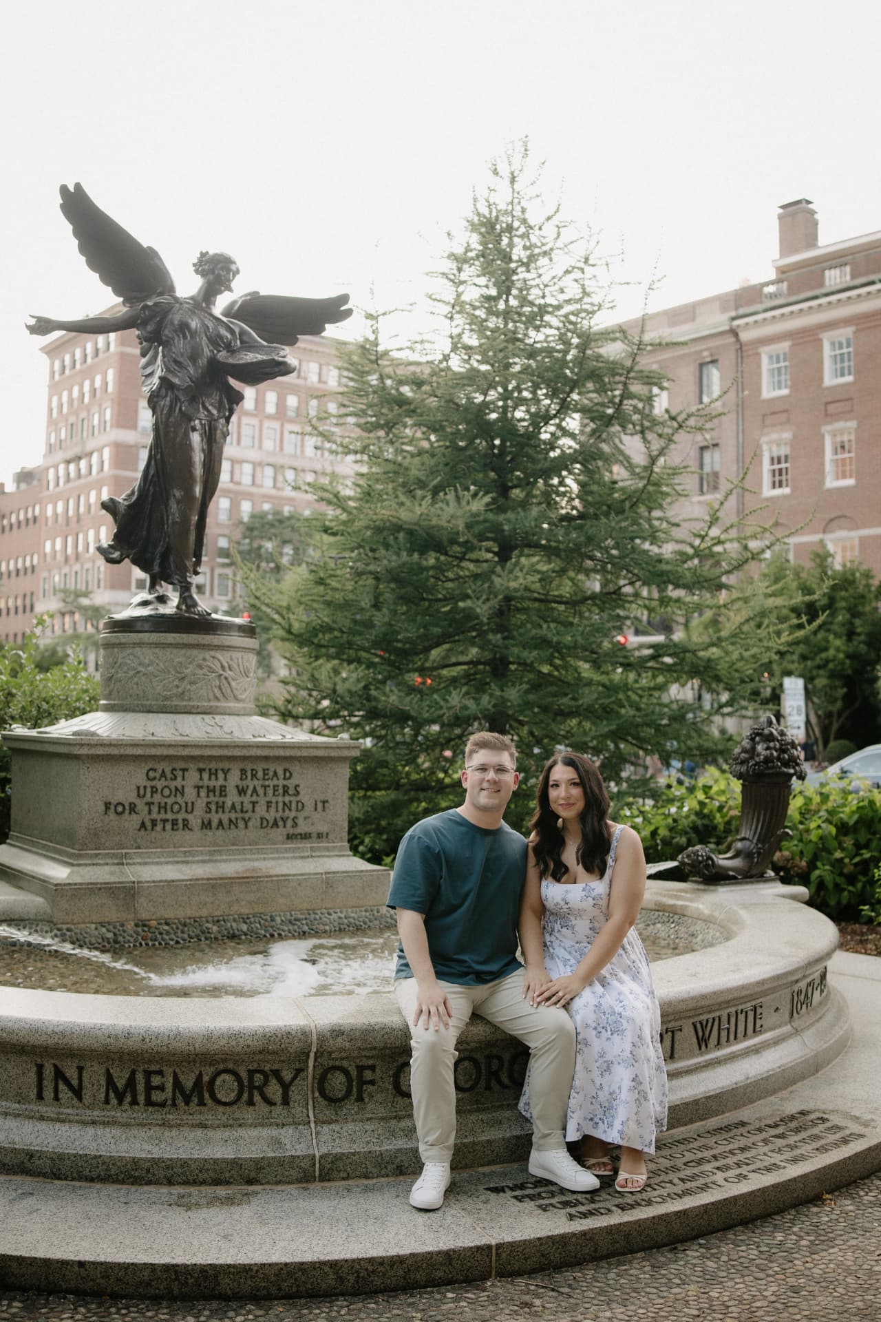 Briana and David by the fountain
